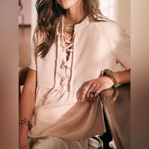 Sézane Paris Lace-Up Blush‎ Peplum Babydoll Top